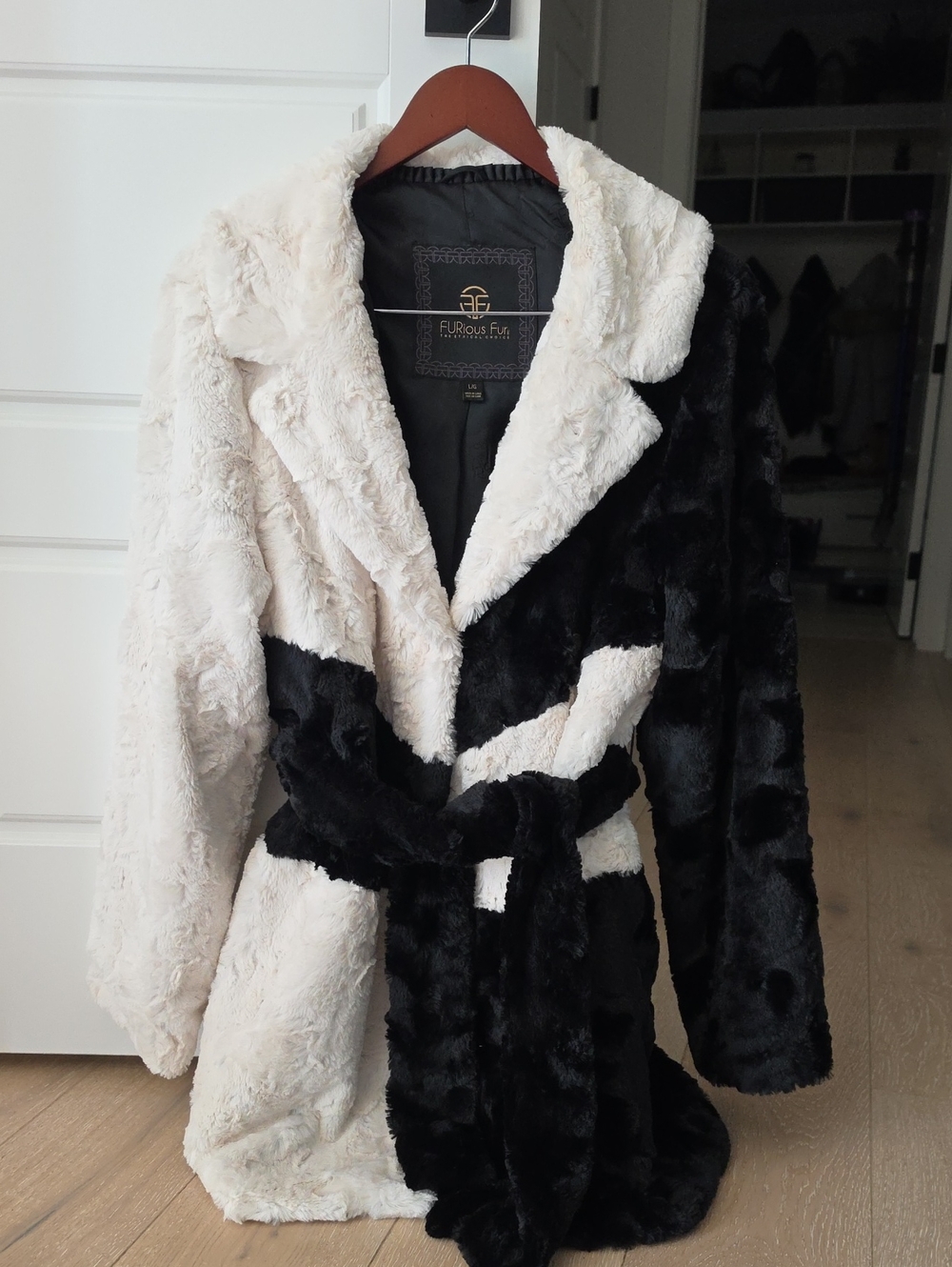 Two-Tone Faux Fur Wrap Cape Coat in Black & Cream by Furous Elle